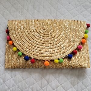 Woven Straw Clutch with Multicolor Pom-Pom Trim